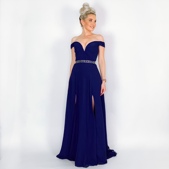 Blue Off Shoulder Prom Dress - Picture 7 of 8